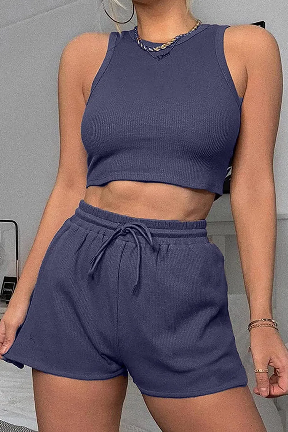 Round Neck Top and Drawstring Shorts Set - 12 Colors