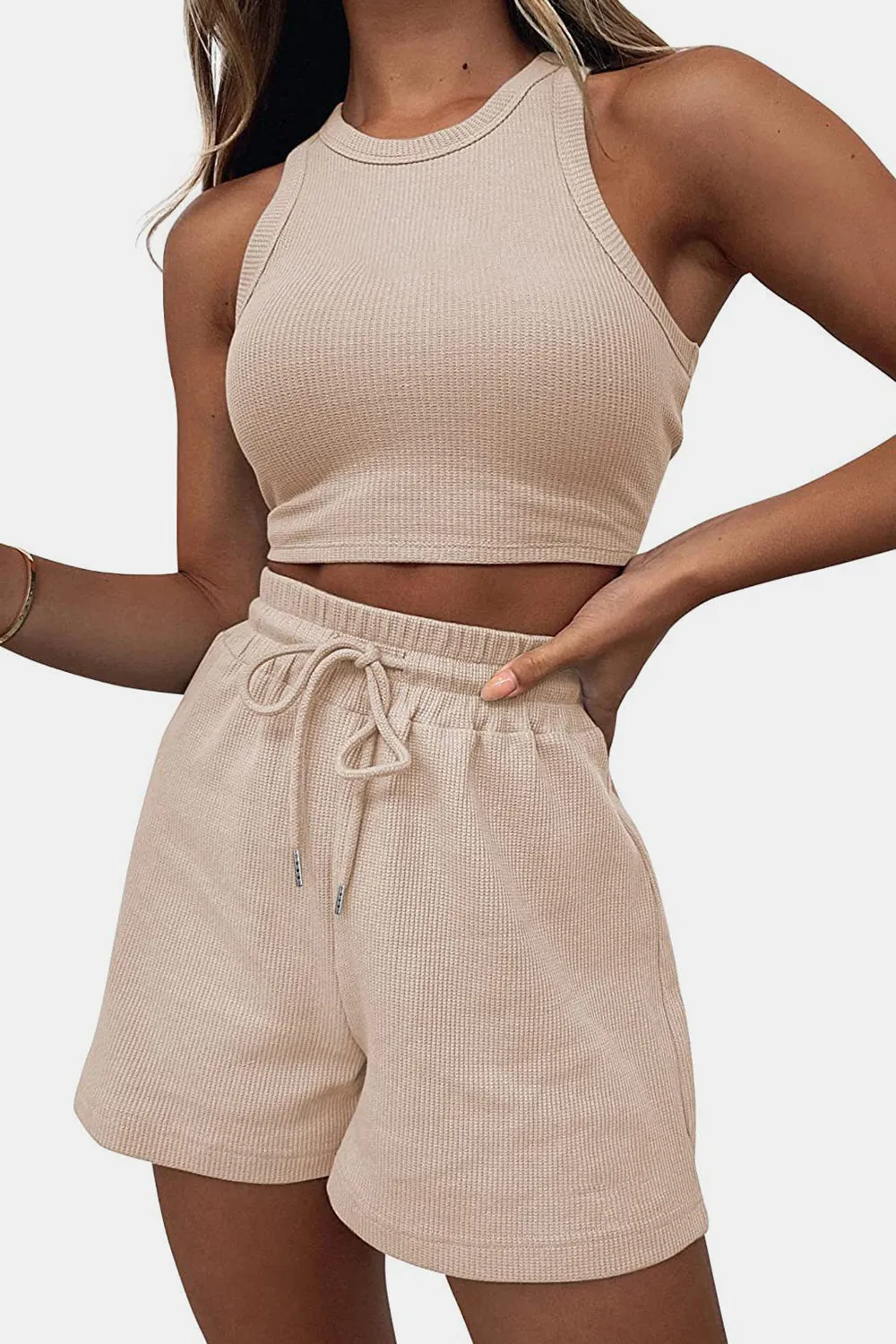 Round Neck Top and Drawstring Shorts Set - 12 Colors