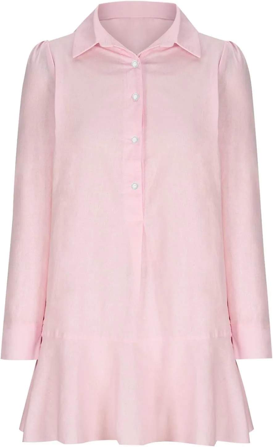 Ruffle Hem Mini Shirt Dress Women Cotton Linen Long Sleeve Henley Tunic Dress Button V Neck Lapel Casual Dresses