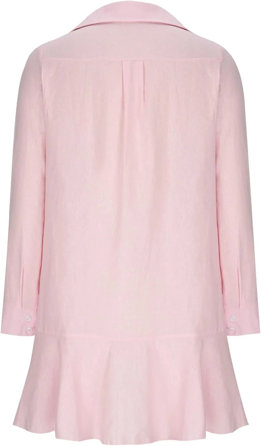 Ruffle Hem Mini Shirt Dress Women Cotton Linen Long Sleeve Henley Tunic Dress Button V Neck Lapel Casual Dresses