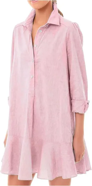 Ruffle Hem Mini Shirt Dress Women Cotton Linen Long Sleeve Henley Tunic Dress Button V Neck Lapel Casual Dresses