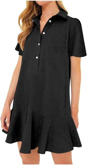 Ruffle Hem Short Sleeve Dress for Women Casual Summer Flowy Midi Dress with Vintage Style Petite Plus Size