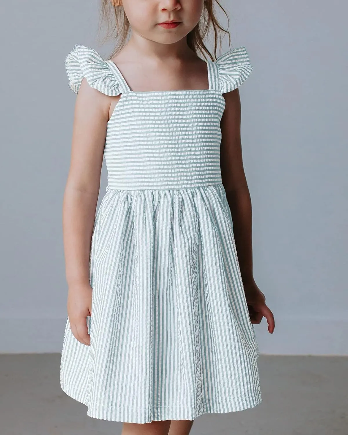 Saodimallsu Girls Summer Dress Spaghetti Strap cami Beach Sundress Spring Outfits for Kids Striped Dress Ruffle Sleeve
