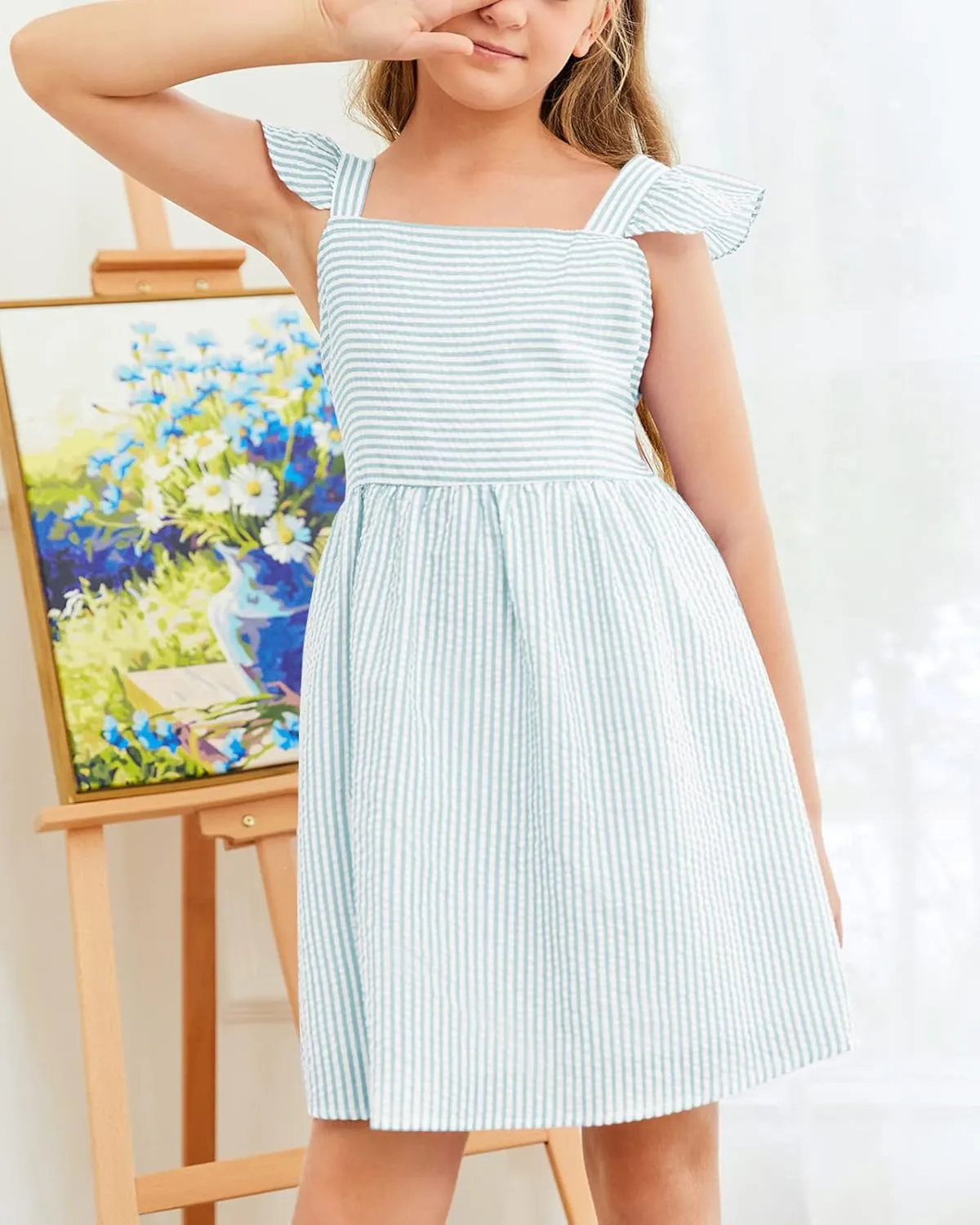 Saodimallsu Girls Summer Dress Spaghetti Strap cami Beach Sundress Spring Outfits for Kids Striped Dress Ruffle Sleeve