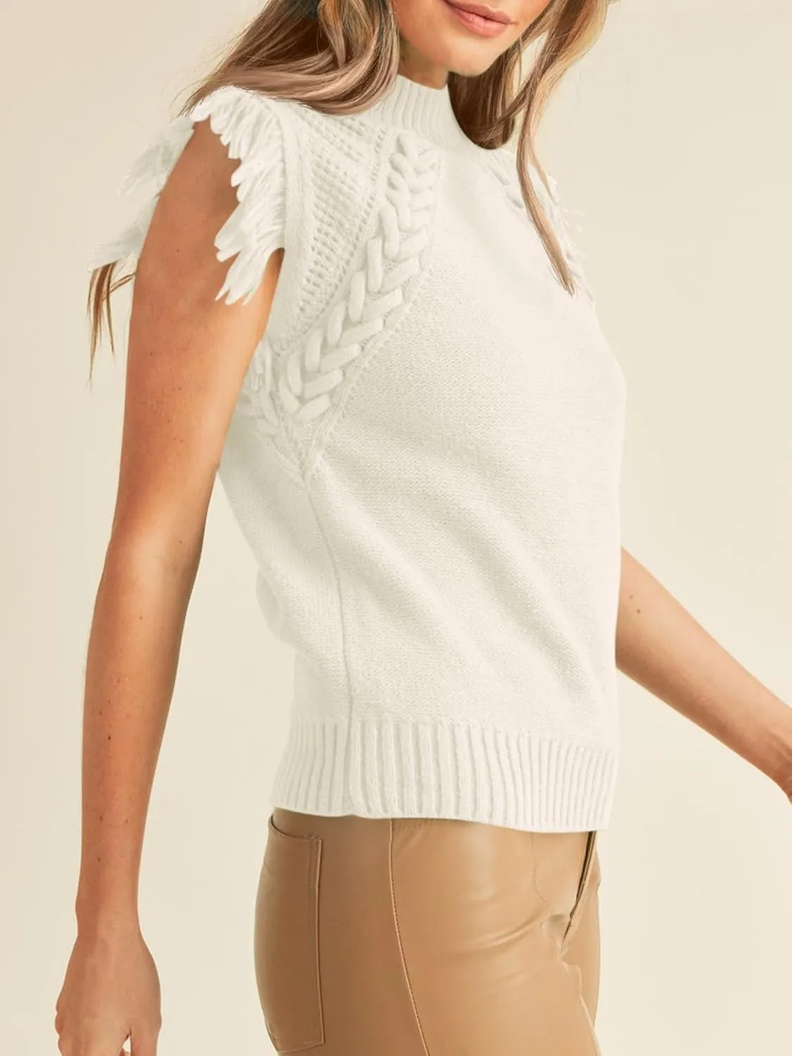 Saodimallsu Womens Sleeveless Sweater Vest Mock Neck Cable Knit Fringe Cap Sleeve Boho Trendy Pullover Tank Tops