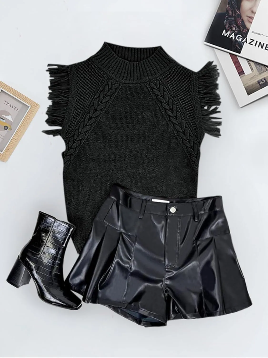 Saodimallsu Womens Sleeveless Sweater Vest Mock Neck Cable Knit Fringe Cap Sleeve Boho Trendy Pullover Tank Tops