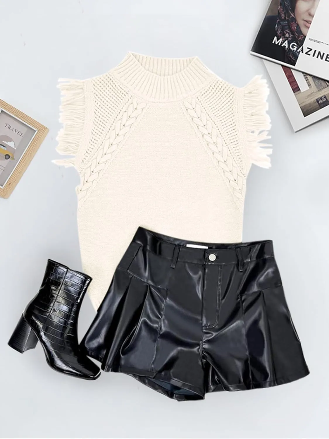 Saodimallsu Womens Sleeveless Sweater Vest Mock Neck Cable Knit Fringe Cap Sleeve Boho Trendy Pullover Tank Tops