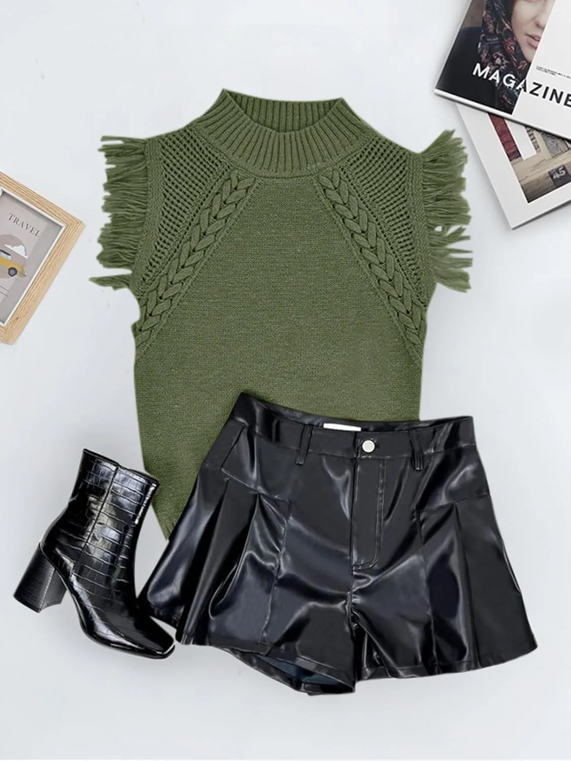 Saodimallsu Womens Sleeveless Sweater Vest Mock Neck Cable Knit Fringe Cap Sleeve Boho Trendy Pullover Tank Tops