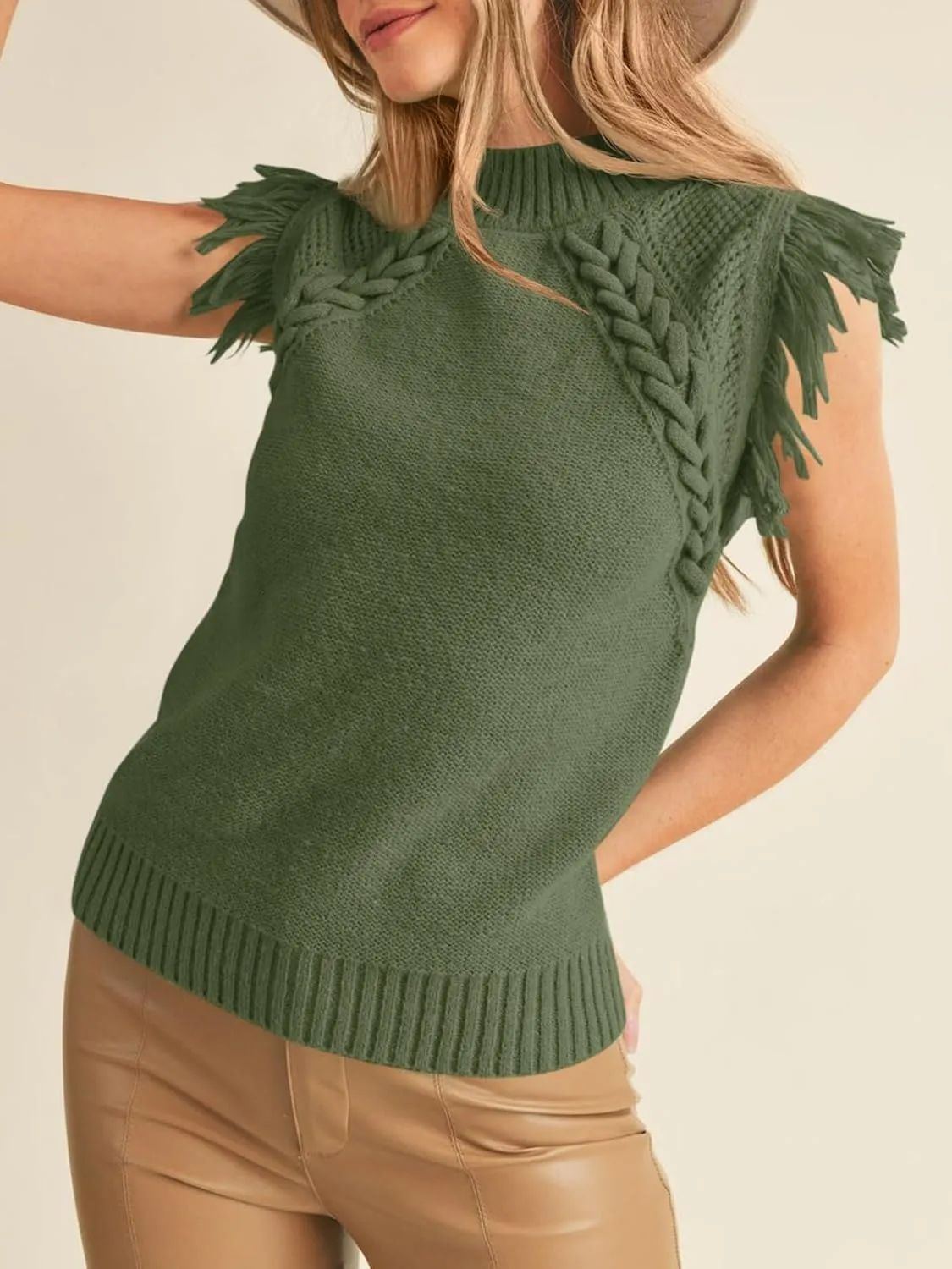 Saodimallsu Womens Sleeveless Sweater Vest Mock Neck Cable Knit Fringe Cap Sleeve Boho Trendy Pullover Tank Tops
