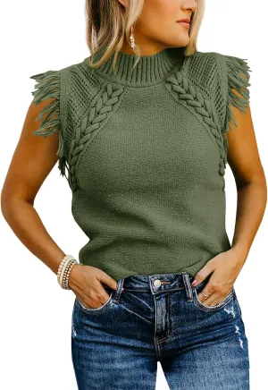 Saodimallsu Womens Sleeveless Sweater Vest Mock Neck Cable Knit Fringe Cap Sleeve Boho Trendy Pullover Tank Tops