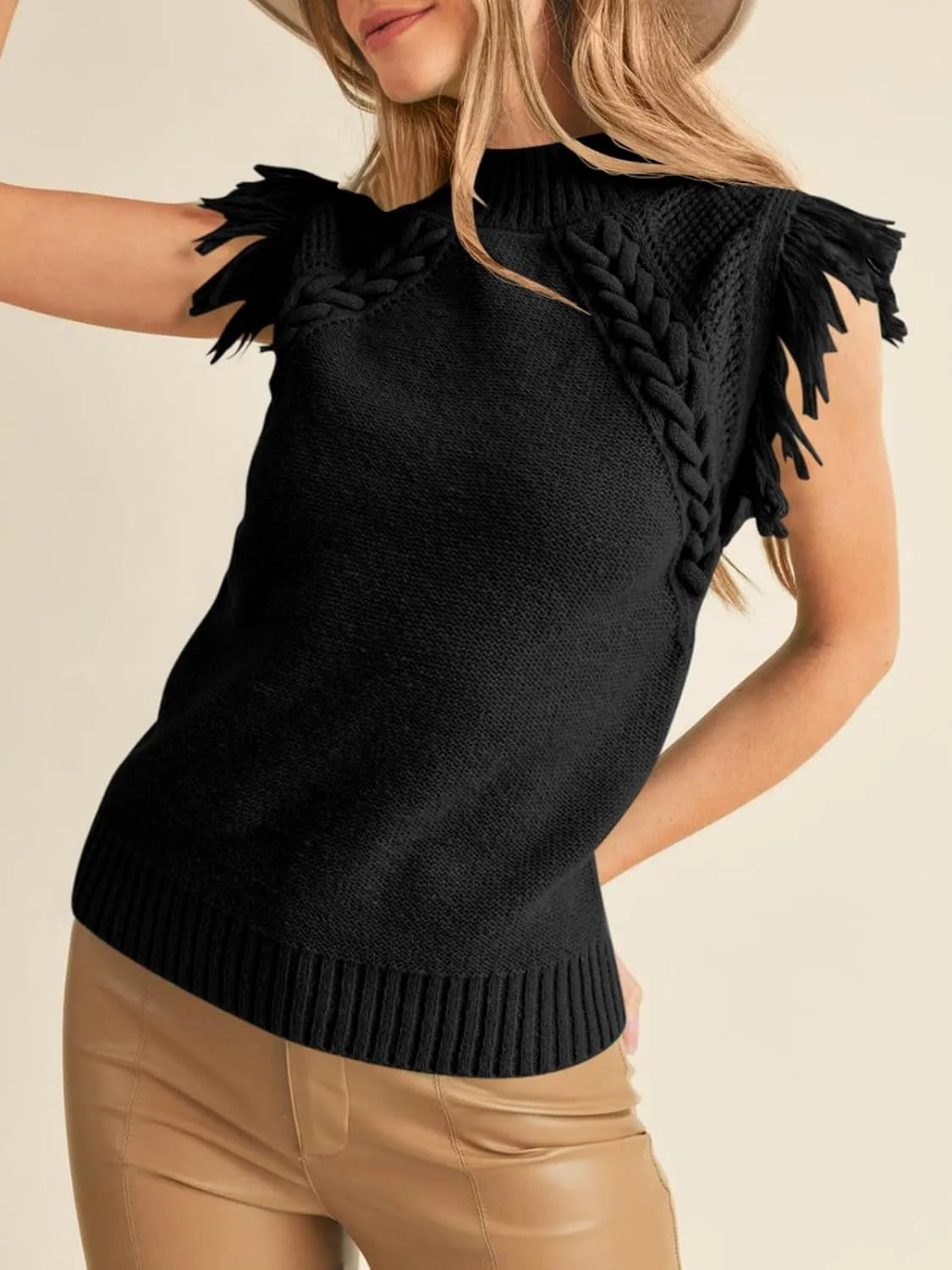 Saodimallsu Womens Sleeveless Sweater Vest Mock Neck Cable Knit Fringe Cap Sleeve Boho Trendy Pullover Tank Tops
