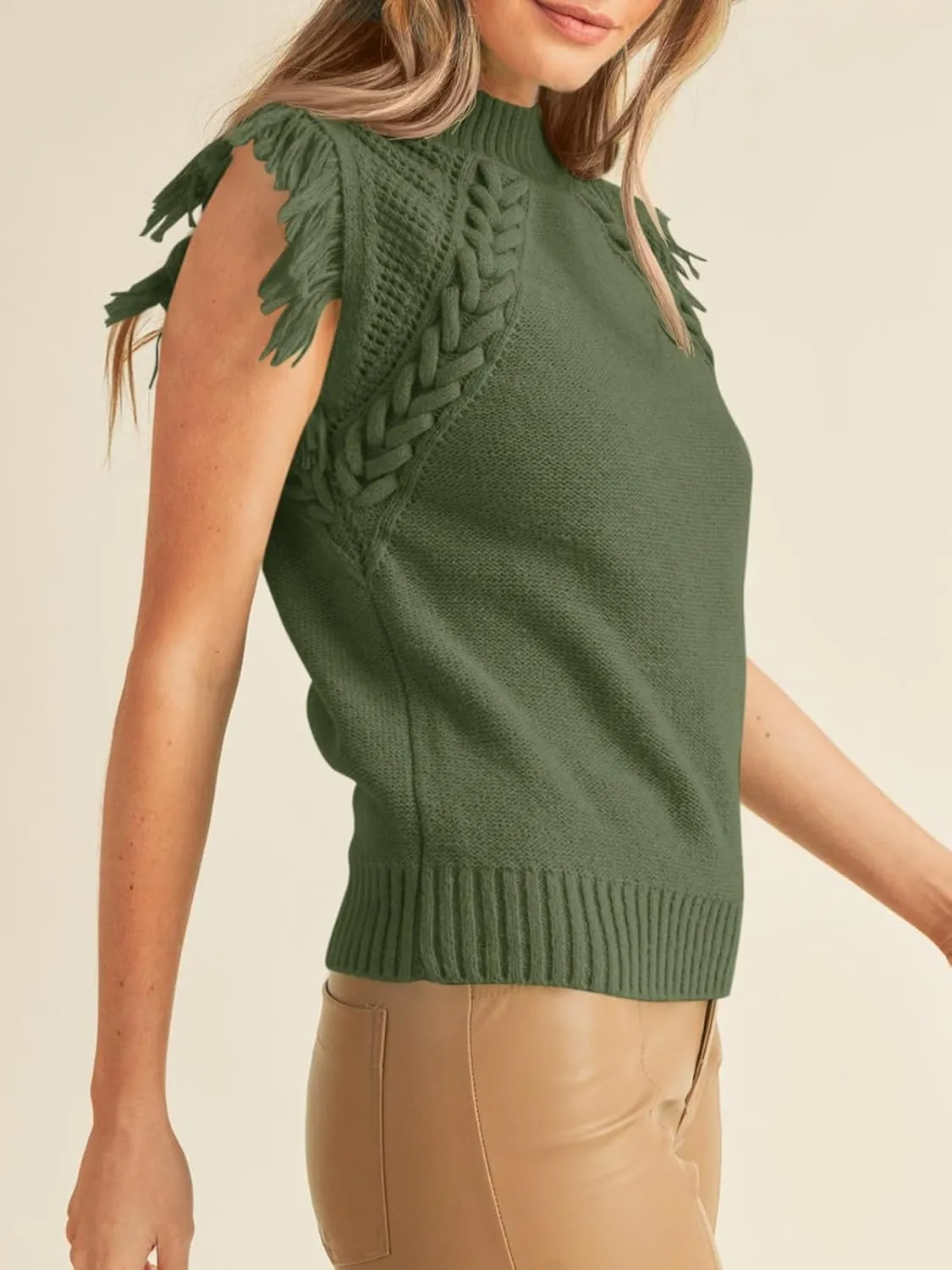 Saodimallsu Womens Sleeveless Sweater Vest Mock Neck Cable Knit Fringe Cap Sleeve Boho Trendy Pullover Tank Tops
