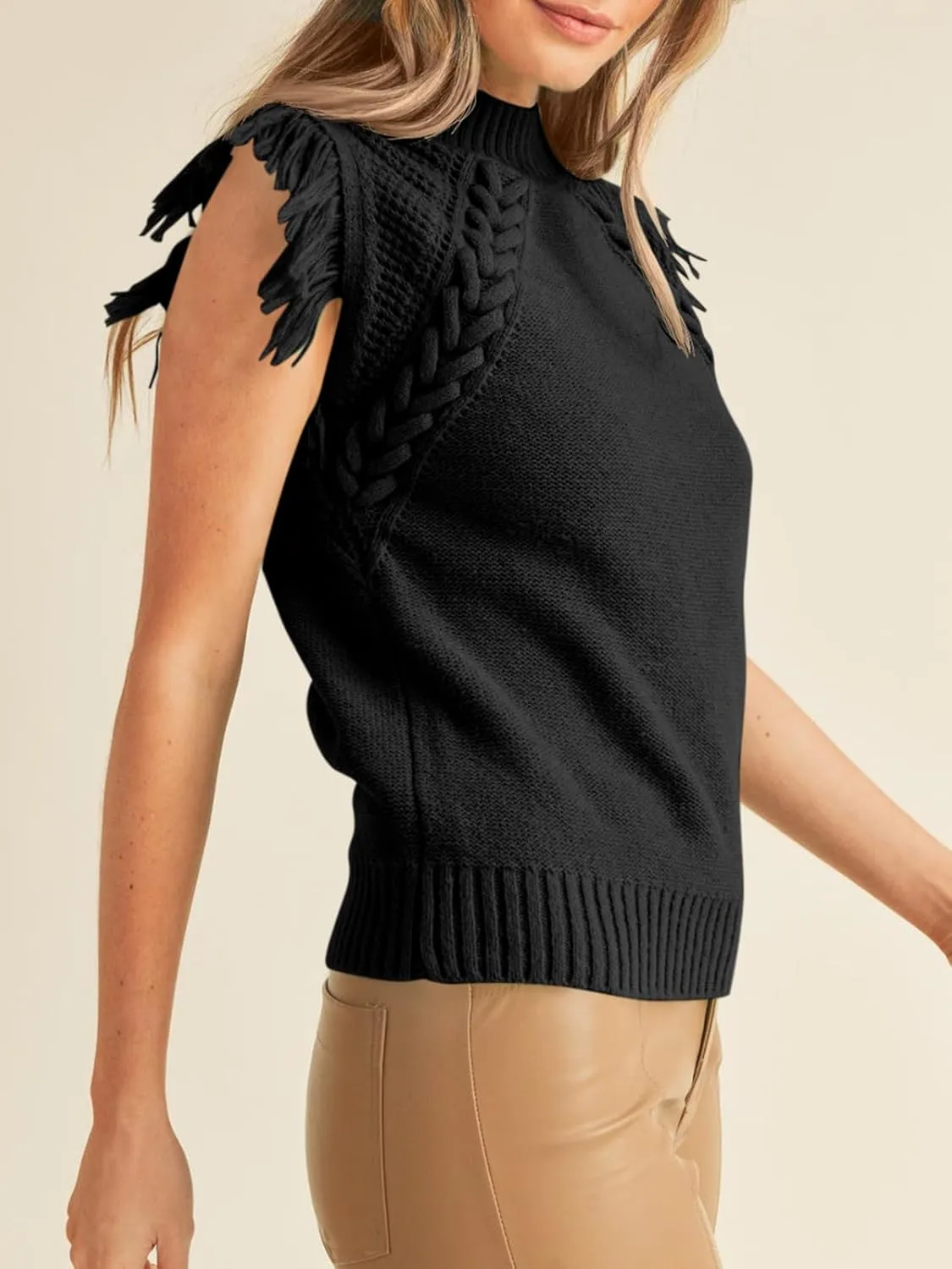 Saodimallsu Womens Sleeveless Sweater Vest Mock Neck Cable Knit Fringe Cap Sleeve Boho Trendy Pullover Tank Tops