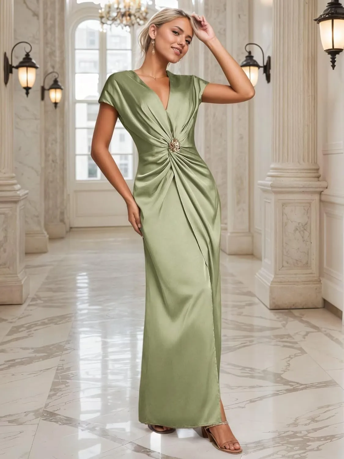 Satin Bridesmaid Dresses for Women Mermaid Prom Dress with Slit Wrap Formal Evening Gown