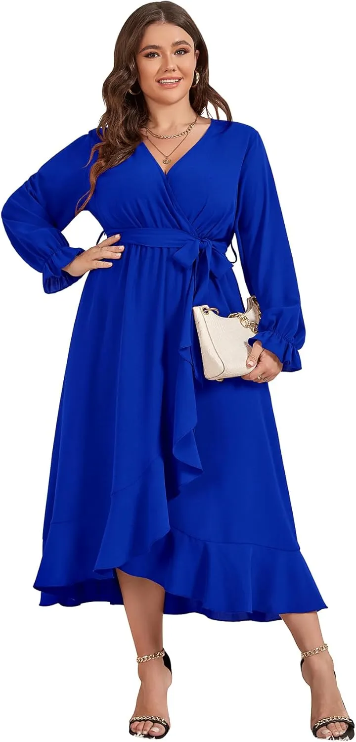 SCOMCHIC Women Plus Size Wedding Guest Maxi Dress Long Sleeve Faux Wrap V Neck High Low Ruffle Cocktail Dress with Belt