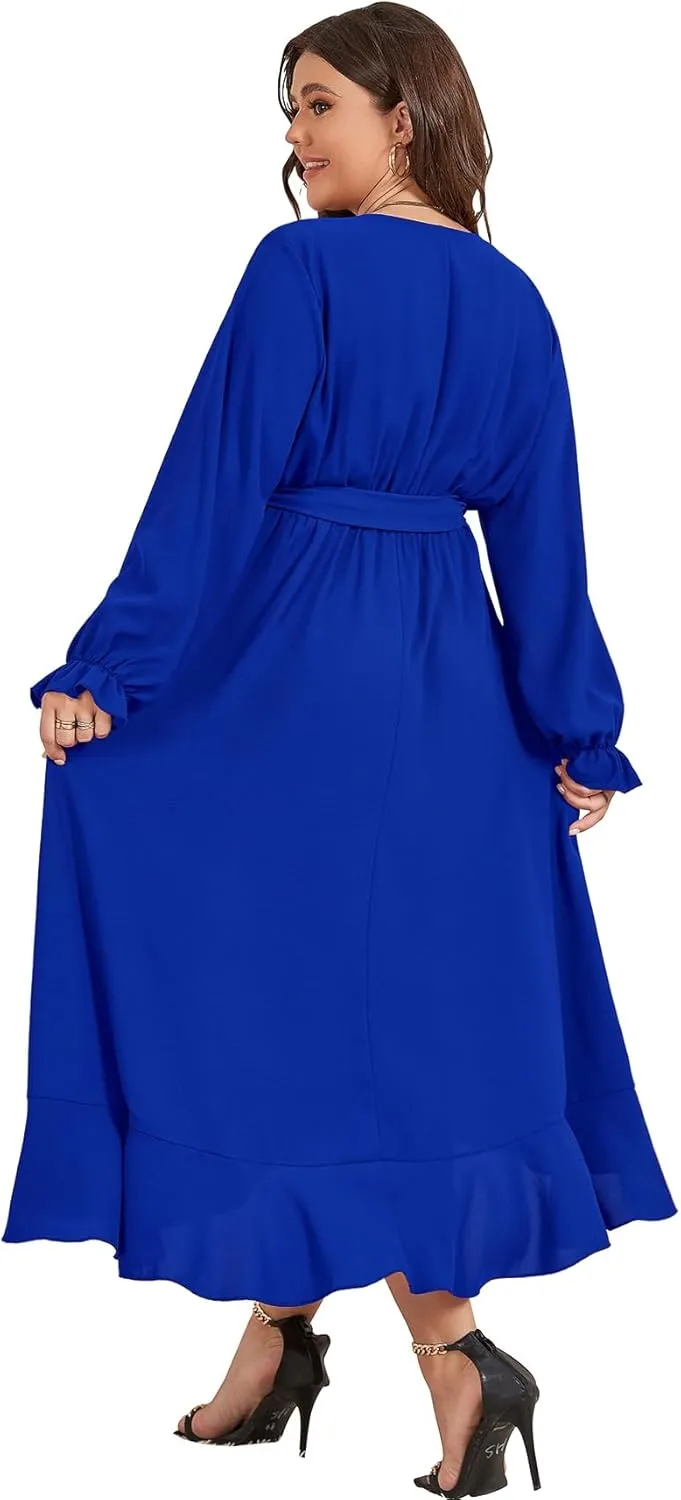 SCOMCHIC Women Plus Size Wedding Guest Maxi Dress Long Sleeve Faux Wrap V Neck High Low Ruffle Cocktail Dress with Belt