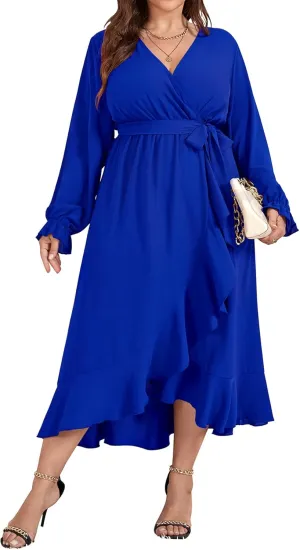 SCOMCHIC Women Plus Size Wedding Guest Maxi Dress Long Sleeve Faux Wrap V Neck High Low Ruffle Cocktail Dress with Belt