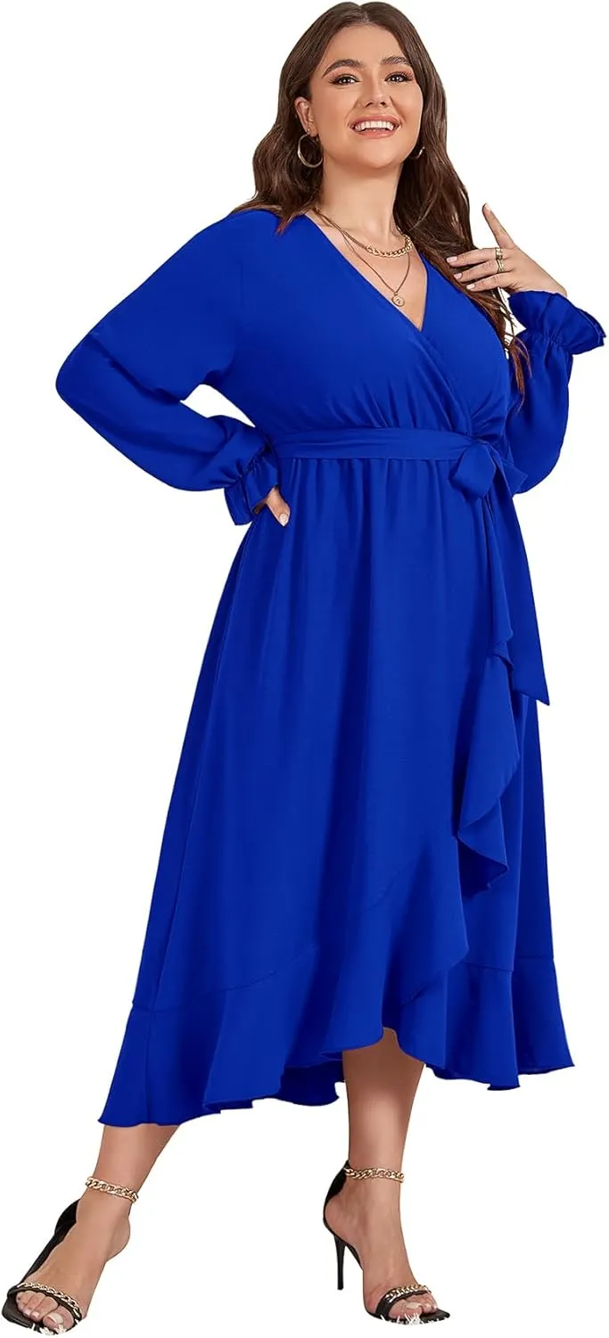 SCOMCHIC Women Plus Size Wedding Guest Maxi Dress Long Sleeve Faux Wrap V Neck High Low Ruffle Cocktail Dress with Belt