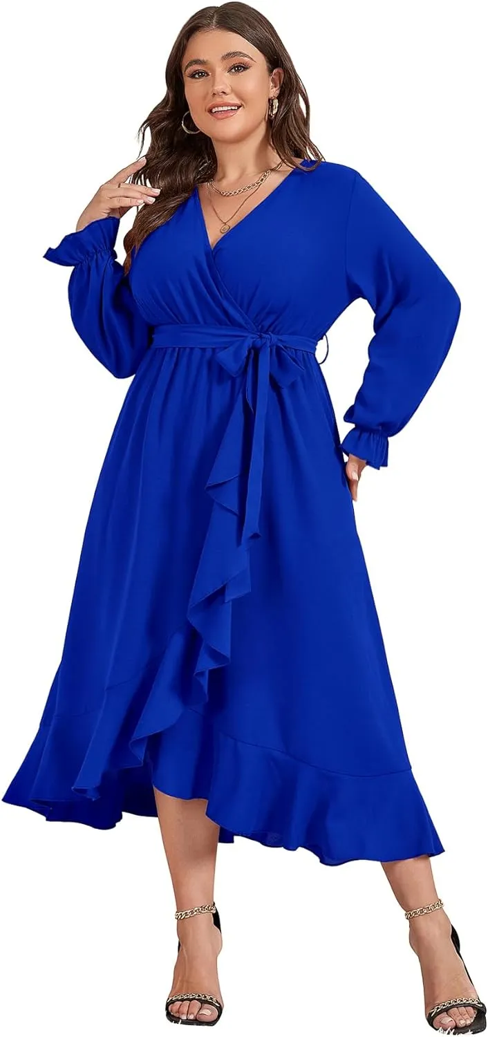 SCOMCHIC Women Plus Size Wedding Guest Maxi Dress Long Sleeve Faux Wrap V Neck High Low Ruffle Cocktail Dress with Belt