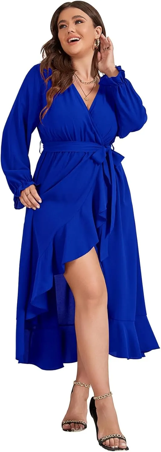 SCOMCHIC Women Plus Size Wedding Guest Maxi Dress Long Sleeve Faux Wrap V Neck High Low Ruffle Cocktail Dress with Belt