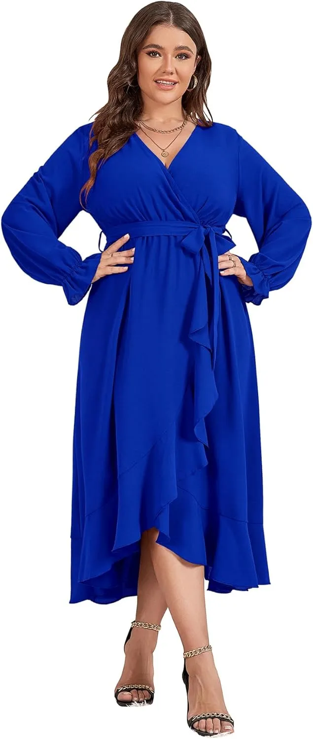 SCOMCHIC Women Plus Size Wedding Guest Maxi Dress Long Sleeve Faux Wrap V Neck High Low Ruffle Cocktail Dress with Belt