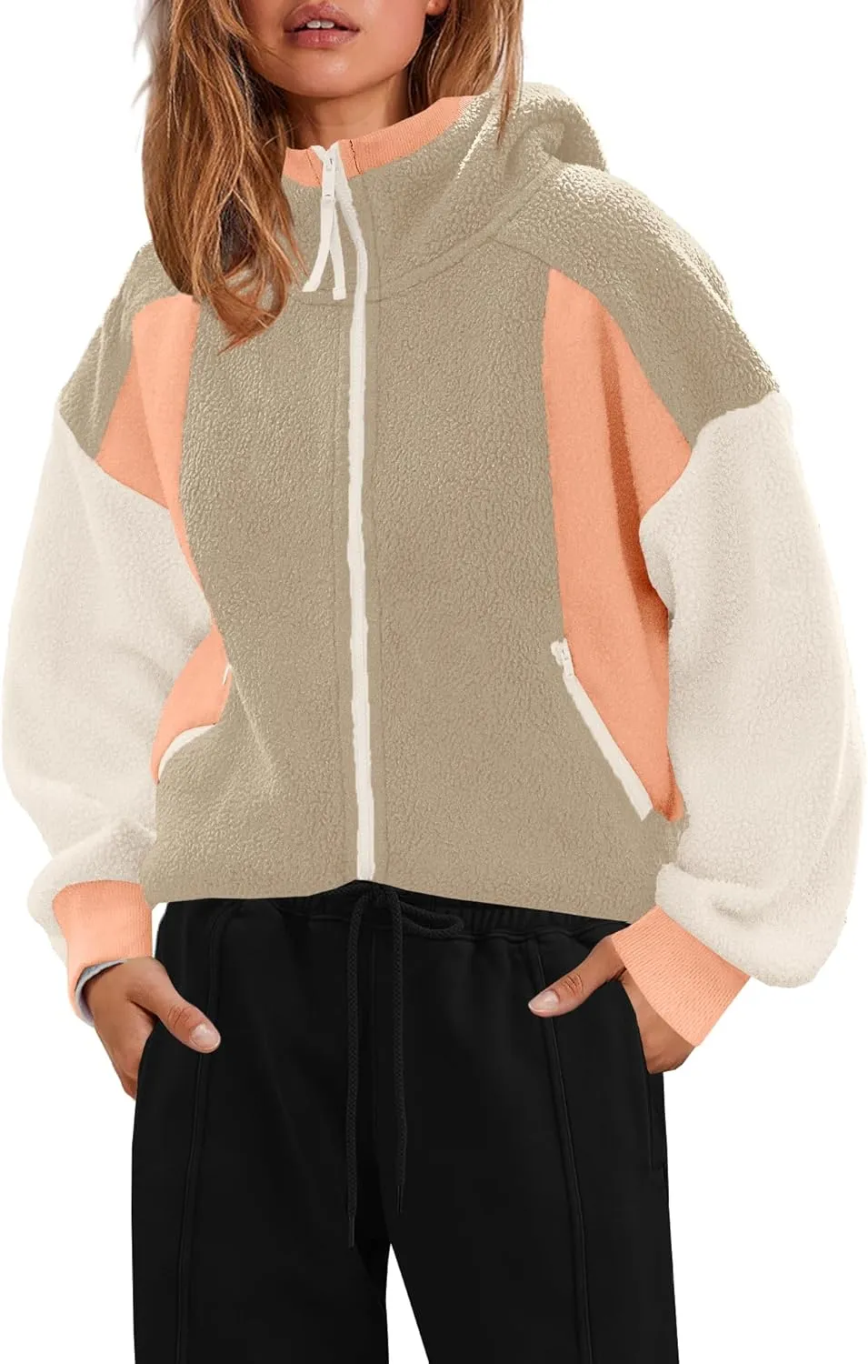 SENSERISE Womens Sherpa Jacket Zip Up Fuzzy Fleece Hoodie Oversized Long Sleeve Color Block Outerwear with Pockets