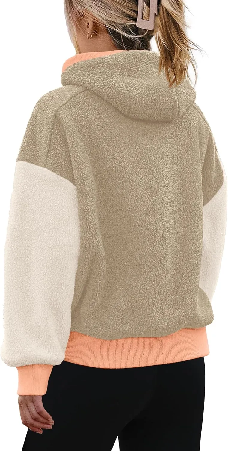 SENSERISE Womens Sherpa Jacket Zip Up Fuzzy Fleece Hoodie Oversized Long Sleeve Color Block Outerwear with Pockets