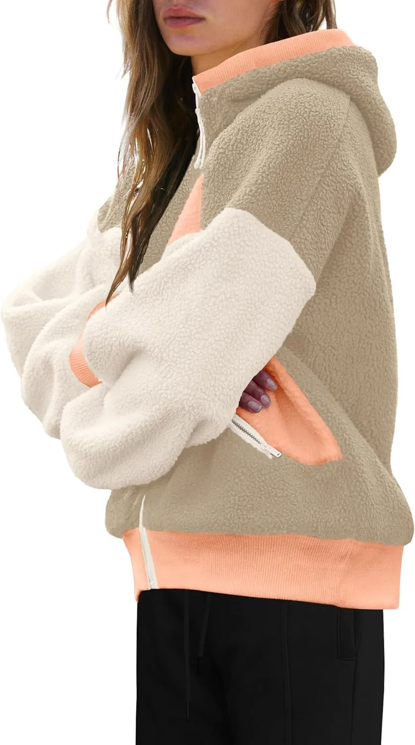 SENSERISE Womens Sherpa Jacket Zip Up Fuzzy Fleece Hoodie Oversized Long Sleeve Color Block Outerwear with Pockets