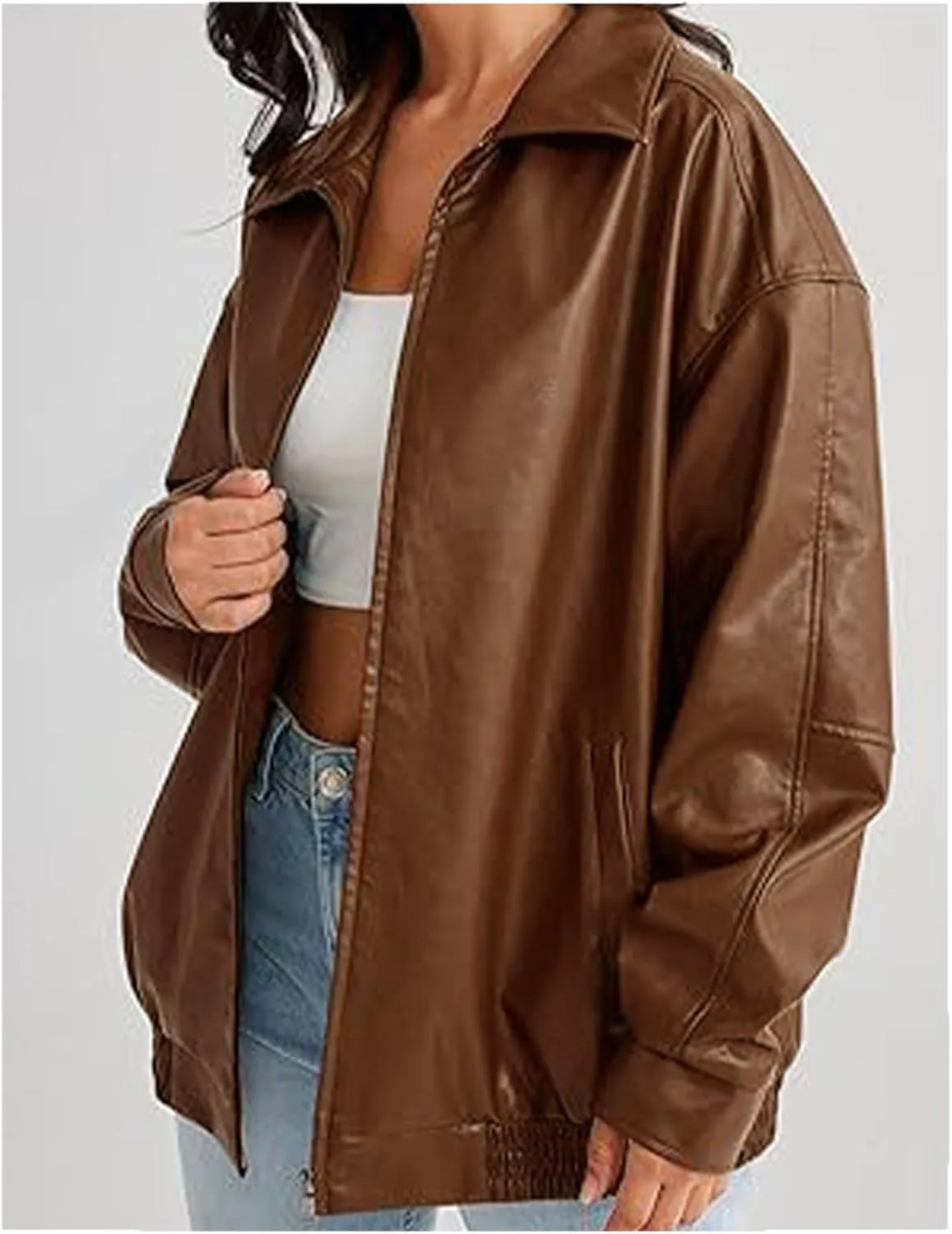 Sexyshine Women's Oversized Jackets PU Leather Leather Faux Motorcycle Plus Size Moto Biker Coat Fall Outfits
