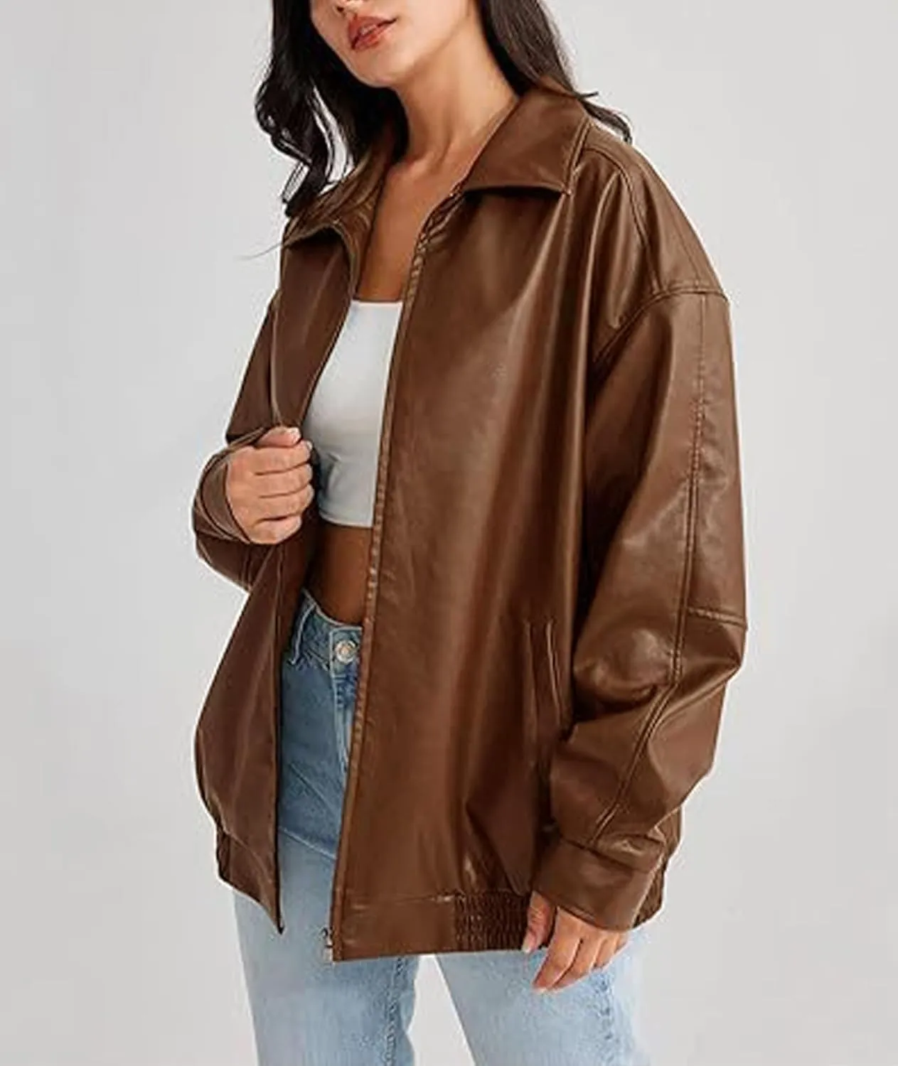 Sexyshine Women's Oversized Jackets PU Leather Leather Faux Motorcycle Plus Size Moto Biker Coat Fall Outfits