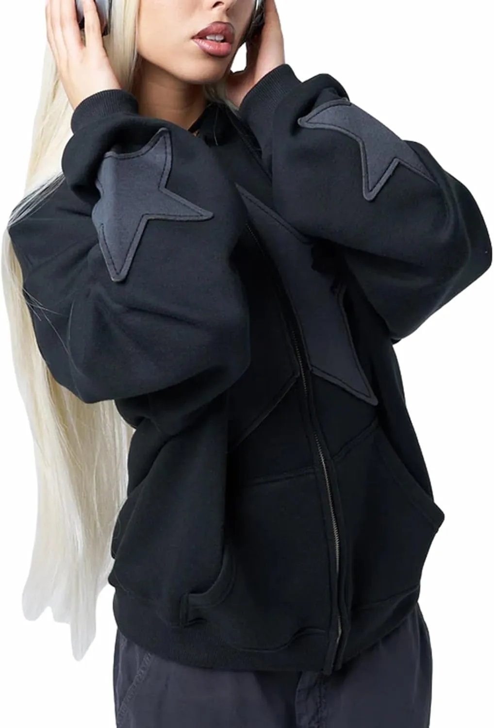Seyurigaoka Women Y2K Star Zip Up Hoodie Retro Harajuku Oversized Gothic Hip Hop Sweatshirts Grunge Jacket Streetwear