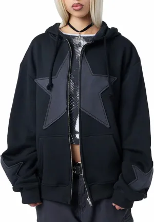 Seyurigaoka Women Y2K Star Zip Up Hoodie Retro Harajuku Oversized Gothic Hip Hop Sweatshirts Grunge Jacket Streetwear