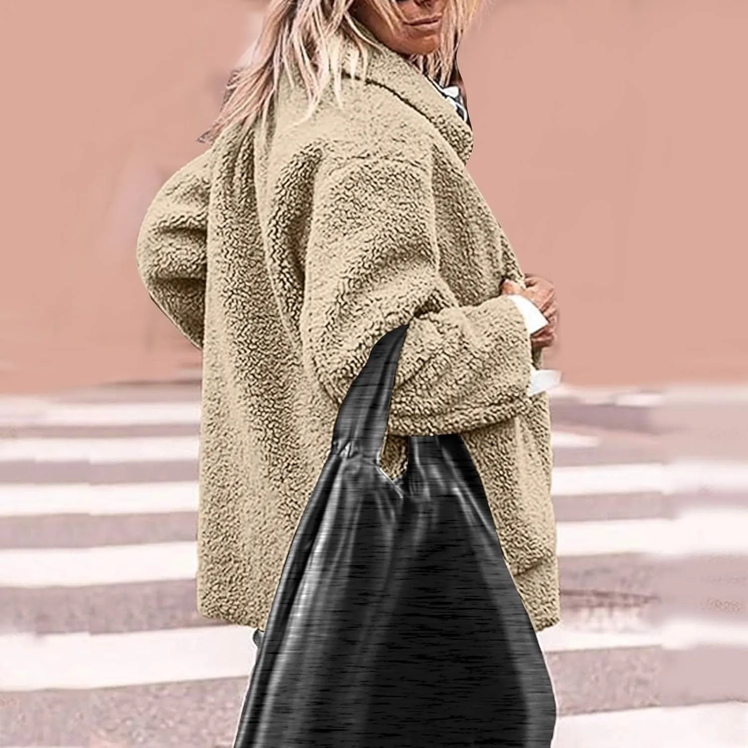 Sherpa Jacket Women Baggy Fleece Winter Coats Button Down Lapel Faux Fur Coat Comfy Fuzzy Warm Jackets with Pockets