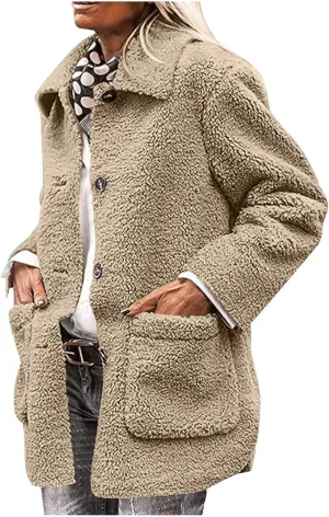 Sherpa Jacket Women Baggy Fleece Winter Coats Button Down Lapel Faux Fur Coat Comfy Fuzzy Warm Jackets with Pockets