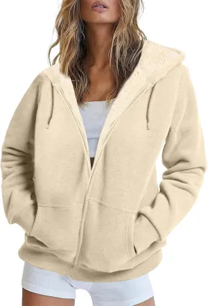 Sherpa Lined Jacket Women Winter Fleece Zip Up Hoodie Warm Hooded Sweatshirt Oversized Wool Coats with Pockets