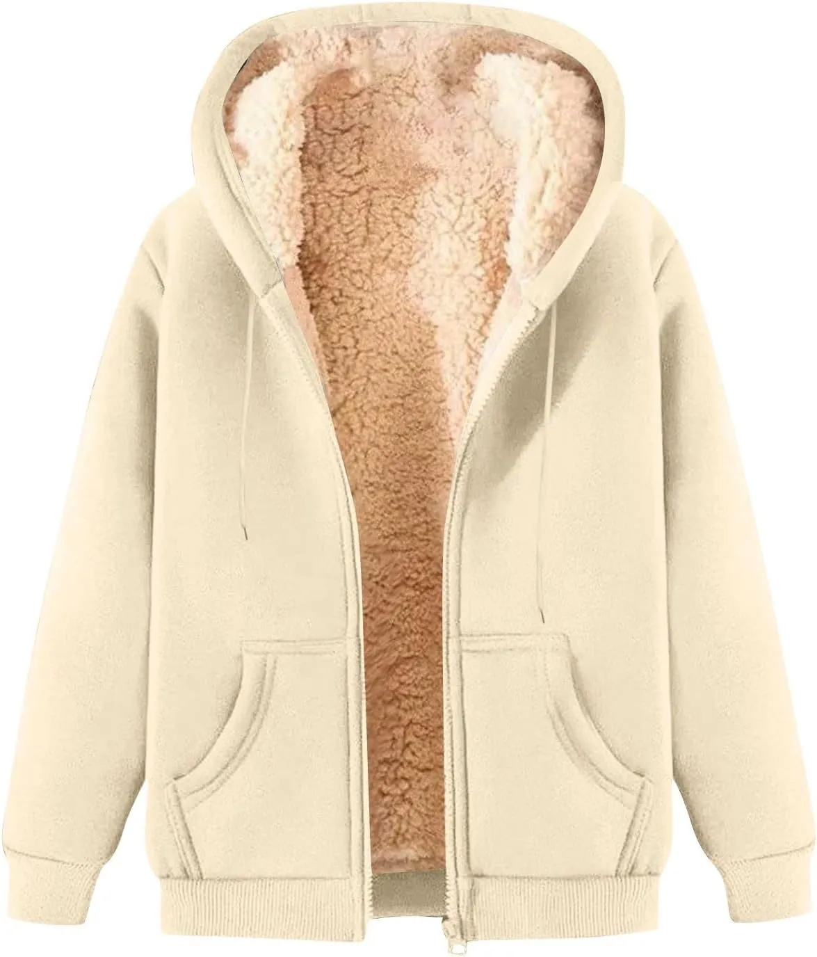 Sherpa Lined Jacket Women Winter Fleece Zip Up Hoodie Warm Hooded Sweatshirt Oversized Wool Coats with Pockets