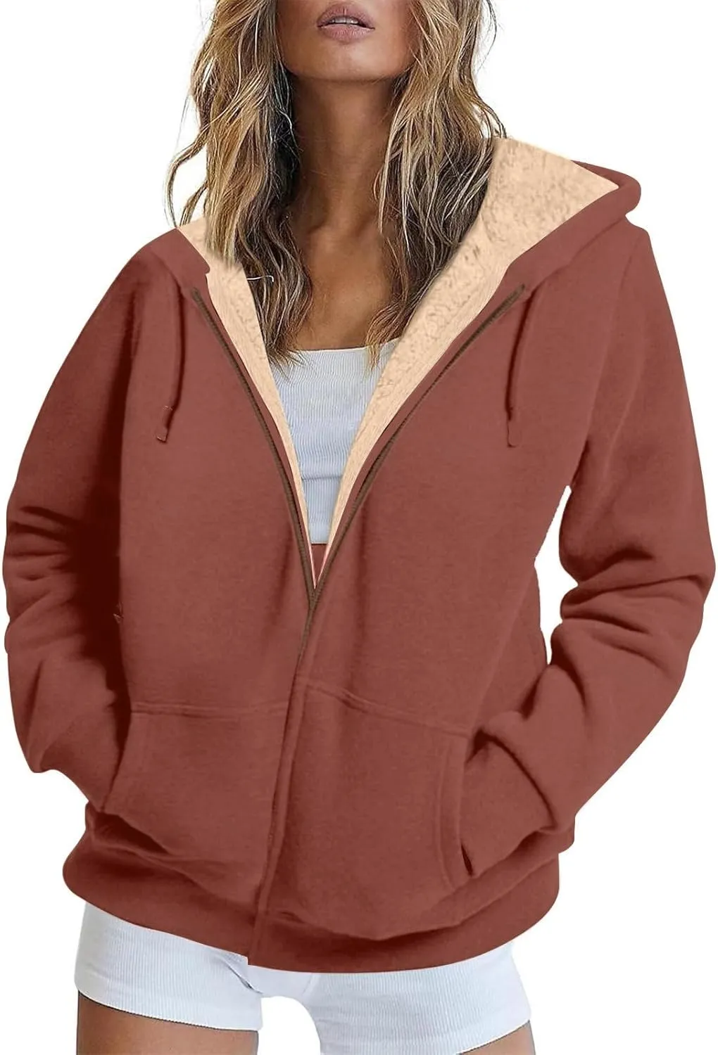 Sherpa Lined Jacket Women Winter Fleece Zip Up Hoodie Warm Hooded Sweatshirt Oversized Wool Coats with Pockets
