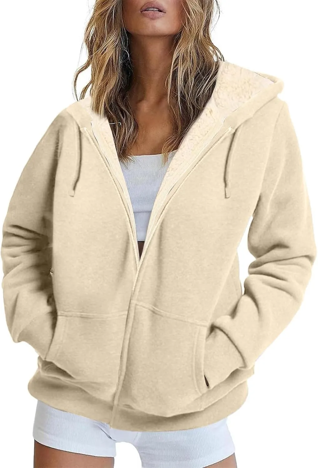 Sherpa Lined Jacket Women Winter Fleece Zip Up Hoodie Warm Hooded Sweatshirt Oversized Wool Coats with Pockets