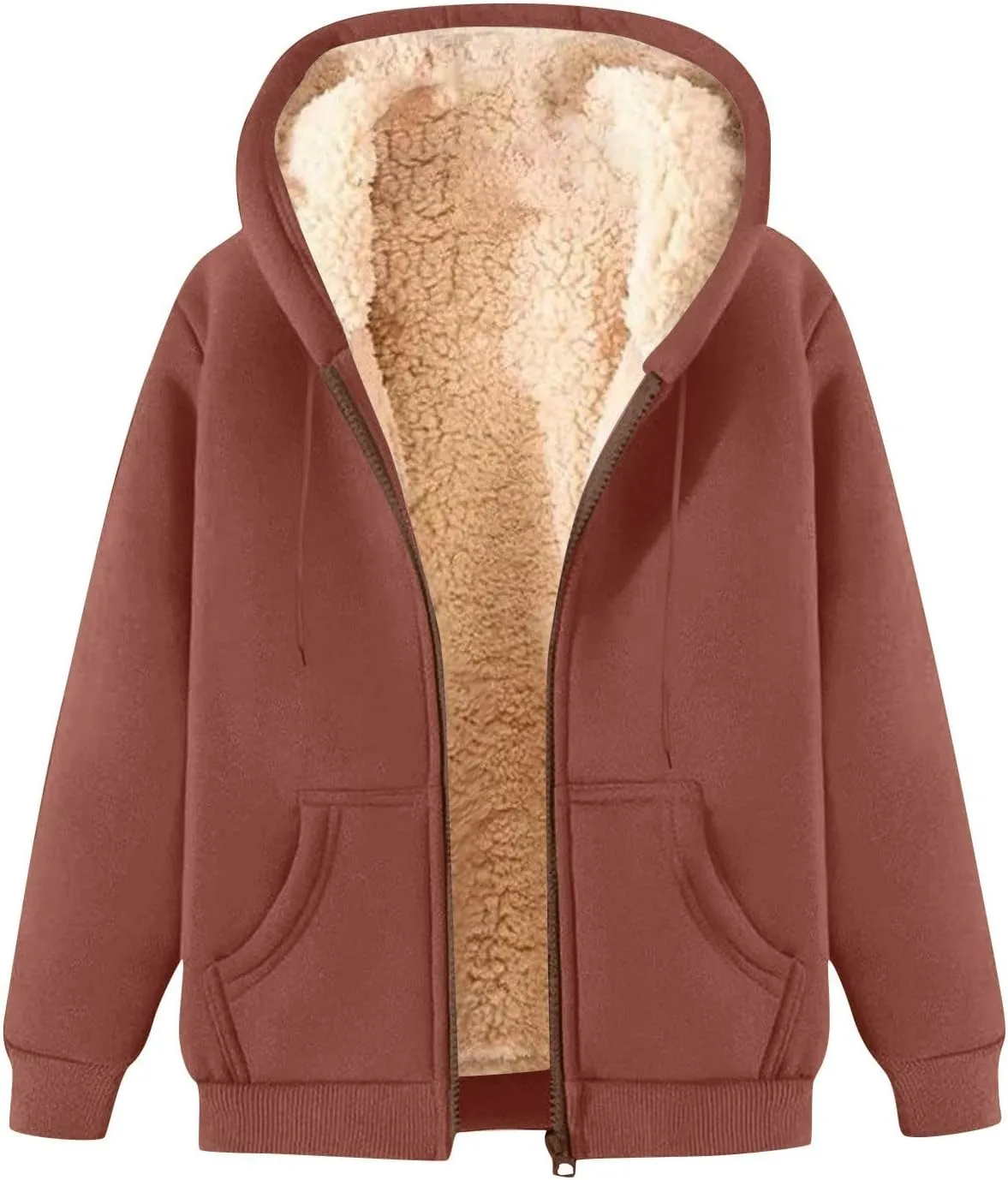 Sherpa Lined Jacket Women Winter Fleece Zip Up Hoodie Warm Hooded Sweatshirt Oversized Wool Coats with Pockets