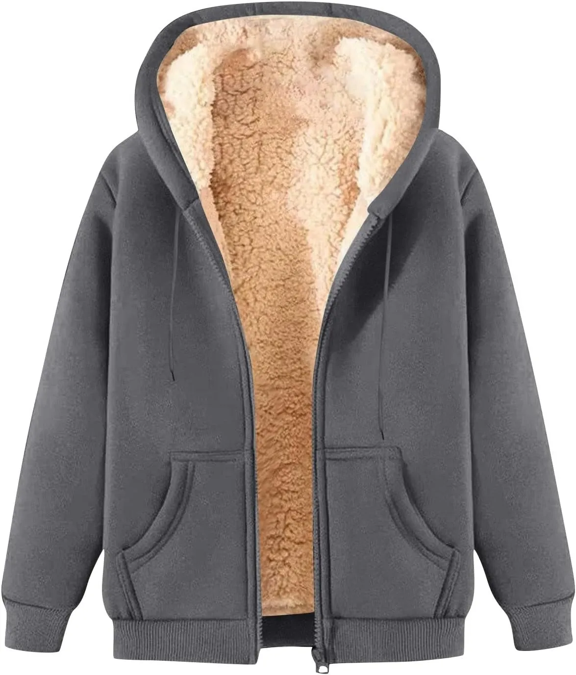 Sherpa Lined Jacket Women Winter Fleece Zip Up Hoodie Warm Hooded Sweatshirt Oversized Wool Coats with Pockets