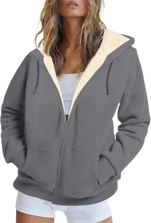 Sherpa Lined Jacket Women Winter Fleece Zip Up Hoodie Warm Hooded Sweatshirt Oversized Wool Coats with Pockets