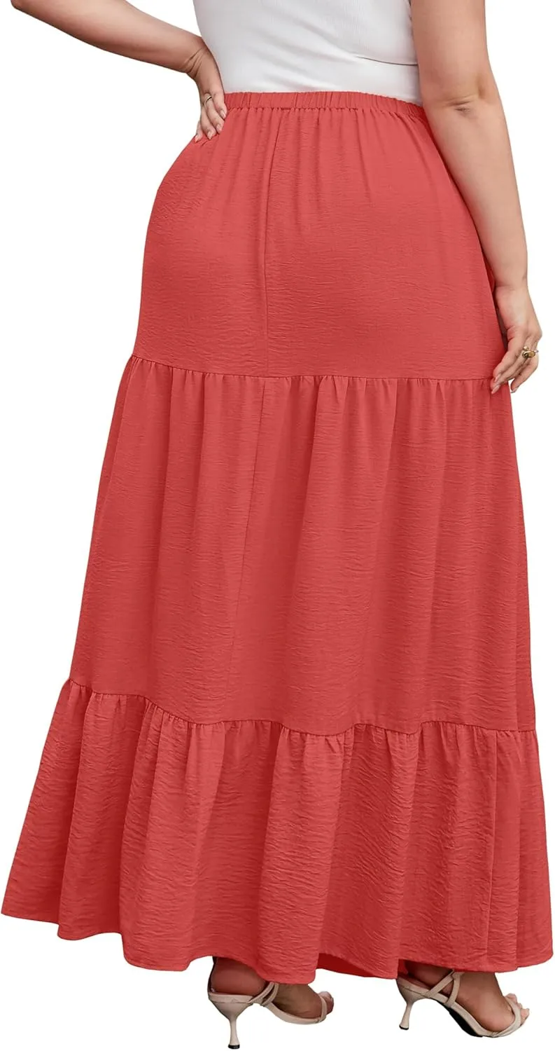 SHIJIALI Women's Plus Size Casual Boho High Waisted Flowy Maxi Skirts Trendy Floral Pleated Long Skirts with Pockets