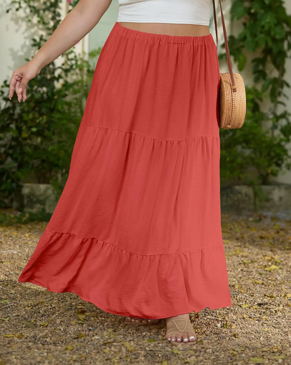 SHIJIALI Women's Plus Size Casual Boho High Waisted Flowy Maxi Skirts Trendy Floral Pleated Long Skirts with Pockets