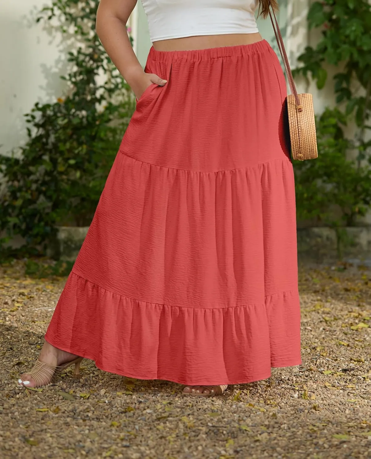 SHIJIALI Women's Plus Size Casual Boho High Waisted Flowy Maxi Skirts Trendy Floral Pleated Long Skirts with Pockets