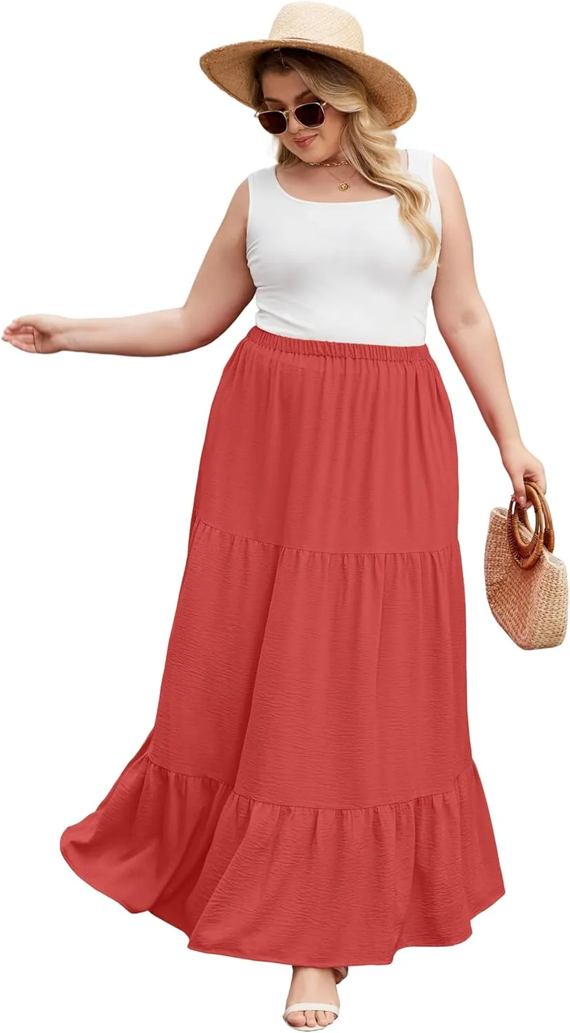 SHIJIALI Women's Plus Size Casual Boho High Waisted Flowy Maxi Skirts Trendy Floral Pleated Long Skirts with Pockets