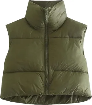 Shiyifa Women's Fashion High Neck Zipper Cropped Puffer Vest Jacket Coat