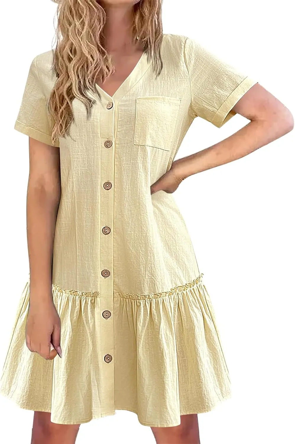 Short Sleeve Button Down Midi Dress for Women Summer V Neck A Line Beach Casual Dresses Mini T Shirt Ruffle Sundress