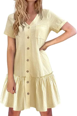 Short Sleeve Button Down Midi Dress for Women Summer V Neck A Line Beach Casual Dresses Mini T Shirt Ruffle Sundress