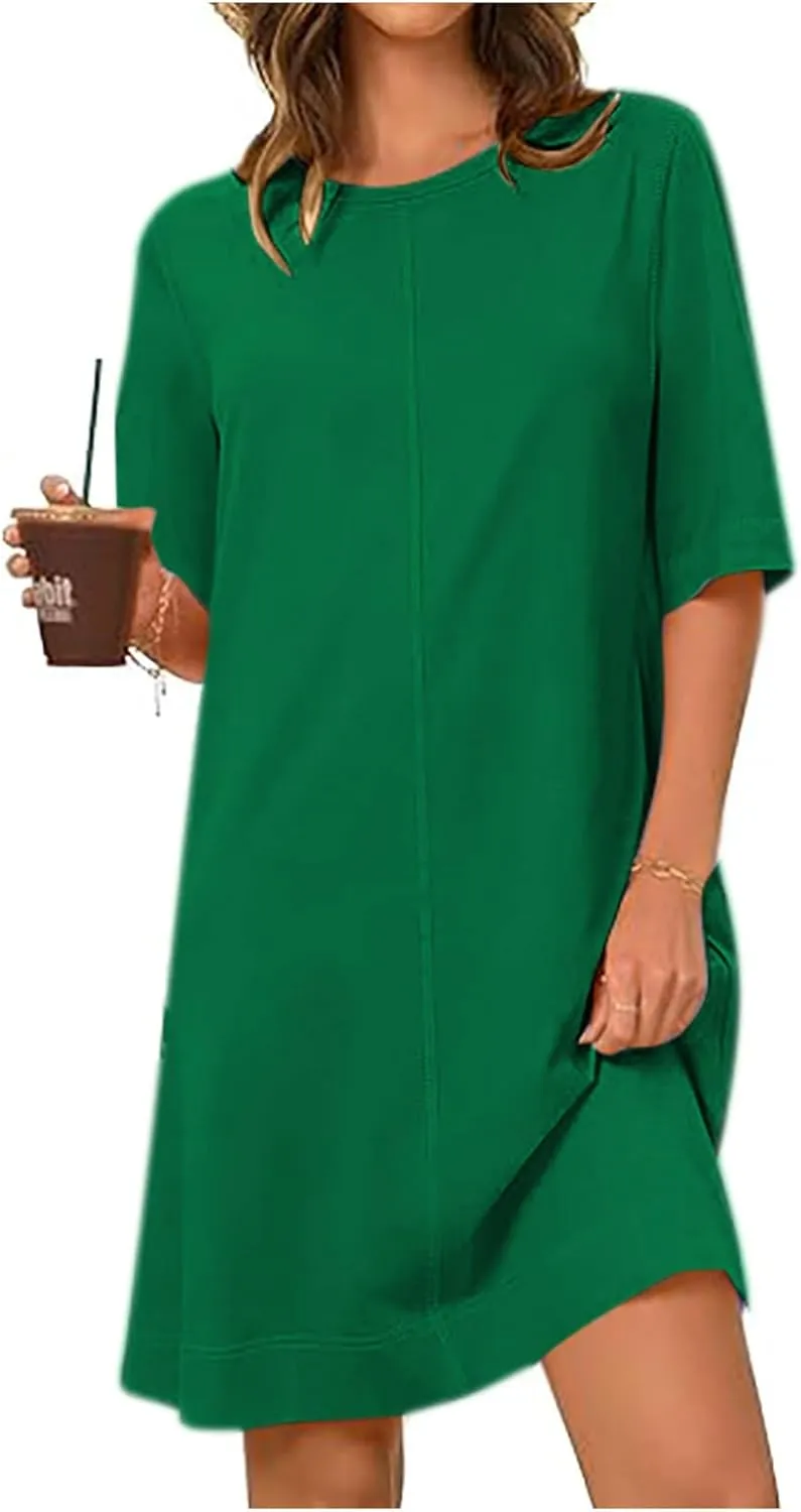 Short Sleeve Summer Mini Dress for Women Crewneck Fashion Casual Dress Flowy T Shirt Dresses Loose Vacation Sundress