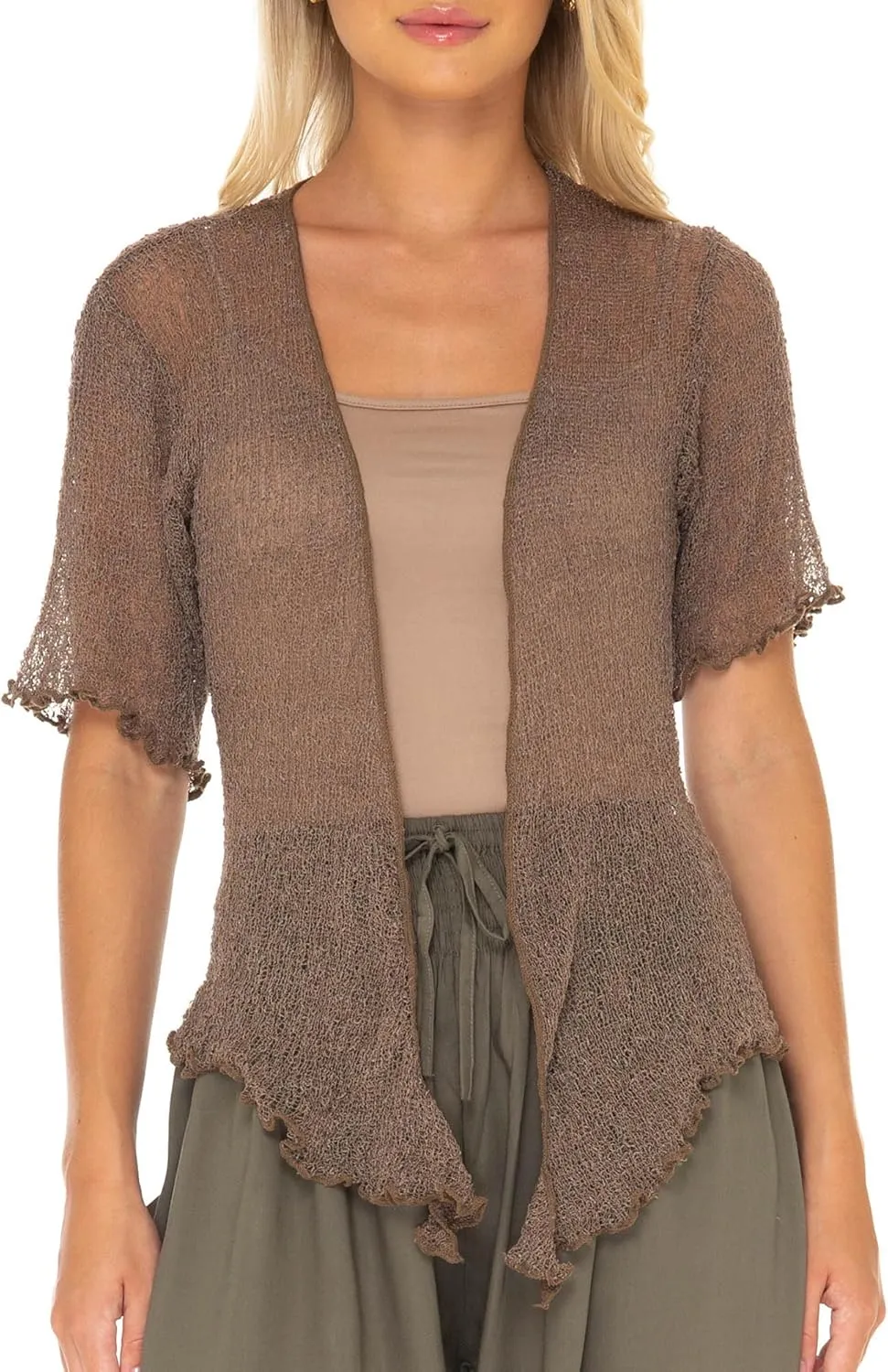 SHU-SHI Short Sleeve Cardigan Sheer Dress Shrug Tie Front Summer Sweater Lightweight Knit